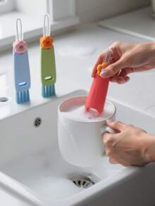 三合一杯盖清洁刷套装，可爱花卉图案，多功能缝隙清洁工具，迷你瓶盖刷（适用于狭窄空间），便携式杯口凹槽清洁器（螺旋刷毛），适用于水杯、马克杯、水瓶，家居厨房浴室清洁用品 - 多色 - 查看 4
