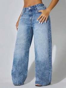 Jeans casuales de cintura baja y pierna ancha de color azul con bolsillos en diagonal, ropa de verano y primavera - Azul lavado oscuro - Ver 3