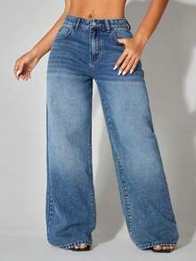 Jeans casuales de cintura baja y pierna ancha de color azul con bolsillos en diagonal, ropa de verano y primavera - Azul marino - Ver 3