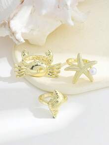 3pcs Crab, Starfish, Seashell Shaped Boho Vintage Style Rings, Classic Gold Color Rings For Women - Gold - View 4