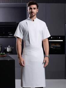 男士新款廚師制服短袖經典白色中性款，適用於飯店廚房、西餐廳、快餐店、BBQ、烘焙店、咖啡廳上衣 - 白色 - 查看 3