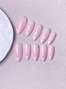 10件手工美甲貼片，美甲用品，美甲裝飾，假指甲，短指甲，美甲藝術，春夏美甲，可穿戴壓克力指甲，美甲套裝，Y2K風格，粉色指甲，白色指甲，白色法式指甲配手繪粉色花朵，極簡可愛風，適合春夏女士與女孩的手工穿戴式美甲 - 淺粉色 - 查看 5