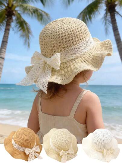 1pc Unisex Baby/Kids Large Brim Knitted Lace Bow Decor Sun Hat, Breathable Children Sunhat For Spring, Summer, Autumn