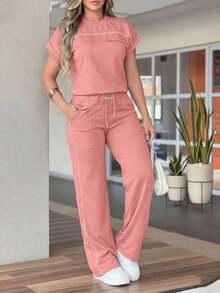 Conjunto de 2 piezas de top de manga corta de cuello redondo minimalista de unicolor y pantalones rectos de cintura alta para mujer, primavera/verano - Rosa 11 - Ver 5