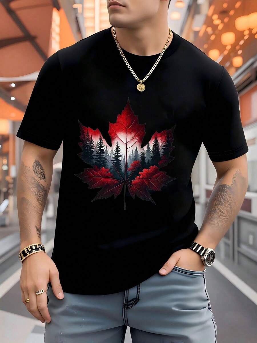 100% Cotton Men's Maple Leaf Forest Scene Digital Print T-Shirt, Nature Themed Graphic Tee With Pine Trees And Sunset Glow, Artistic Red And Black Design, Soft Comfortable Casual Wear - 黑色 - 查看 1