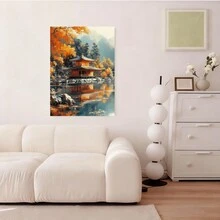 1 pieza dede lienzo de aldea japonesa - Marco de , diseño tradicional de pagoda y árboles de otoño, paisaje realista con agua reflectante, marco dede alta calidad para decoración del hogar, arte cultural de anime, decoración de jardín japonés, 2D plano - Enmarcado - Ver 5