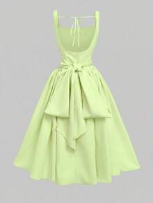 Glamful Spring/Summer Lightweight Elegant Date Solid Color Sweet Waist-Defining Back Bow Design Niche French Style Cami Dress - Green - View 4
