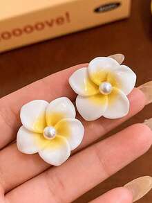 一对甜美可爱时尚小众优雅百搭仿珍珠花朵耳钉，适合少女日常、节日、派对佩戴 - 花朵 - 查看 5