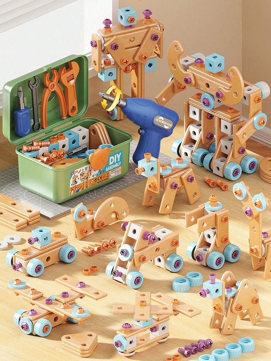 3-8岁儿童DIY组装建筑玩具套装，包含124/126件电动螺丝刀、螺丝、板材、轮子和工具，可组装机器人/汽车/飞机，STEM学习玩具