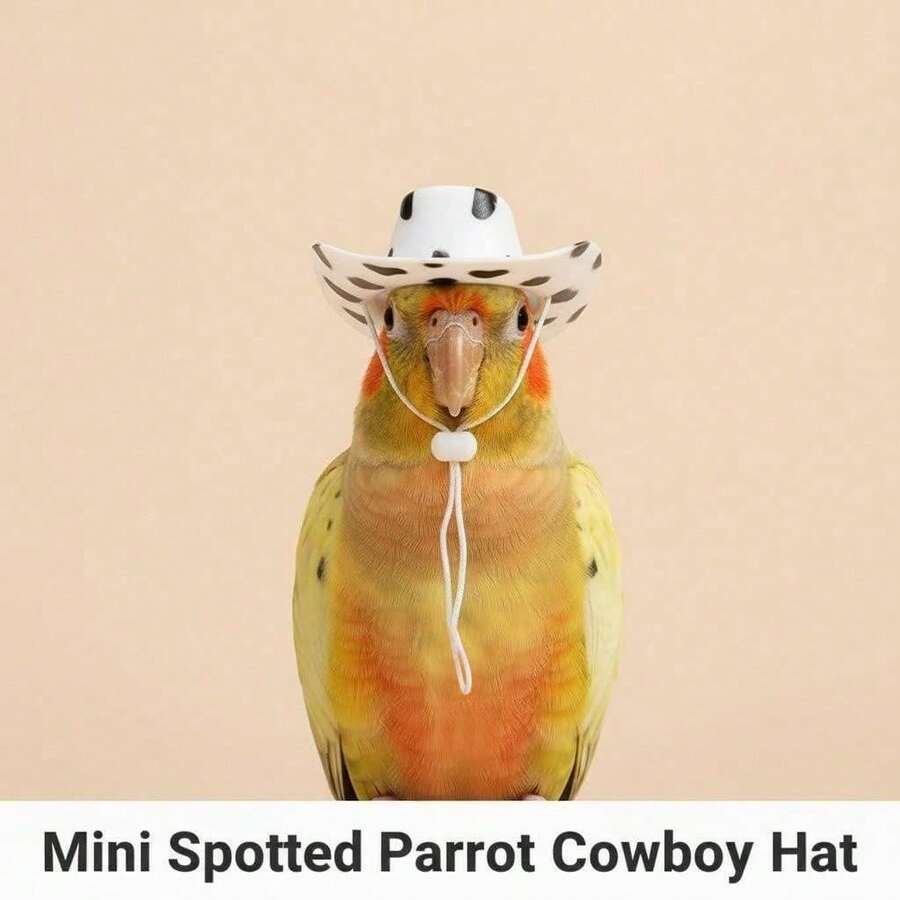 1pc Cowboy Style Mini Pet Hat For Small Birds, Adjustable Cow Print Parrot Hat With Strap, Cute Photo Prop For Budgies Cockatiels Lovebirds, Bird Costume Accessory - Style A - View 1