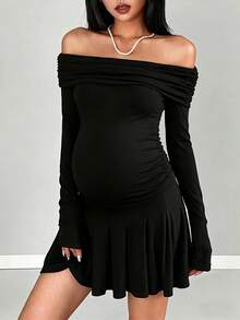 Umstandskleid, Off-Shoulder Langarm Umstandskleid, modisch-casual vielseitig, minimalistischer Herbst/Winter Stil, geeignet für Halloween, Lehrertag, Neujahr, täglichen Outdoor & Indoor Lässig, bequemer, dehnbarer, weicher Stoff Schwarz - Schwarz - Übersicht 3