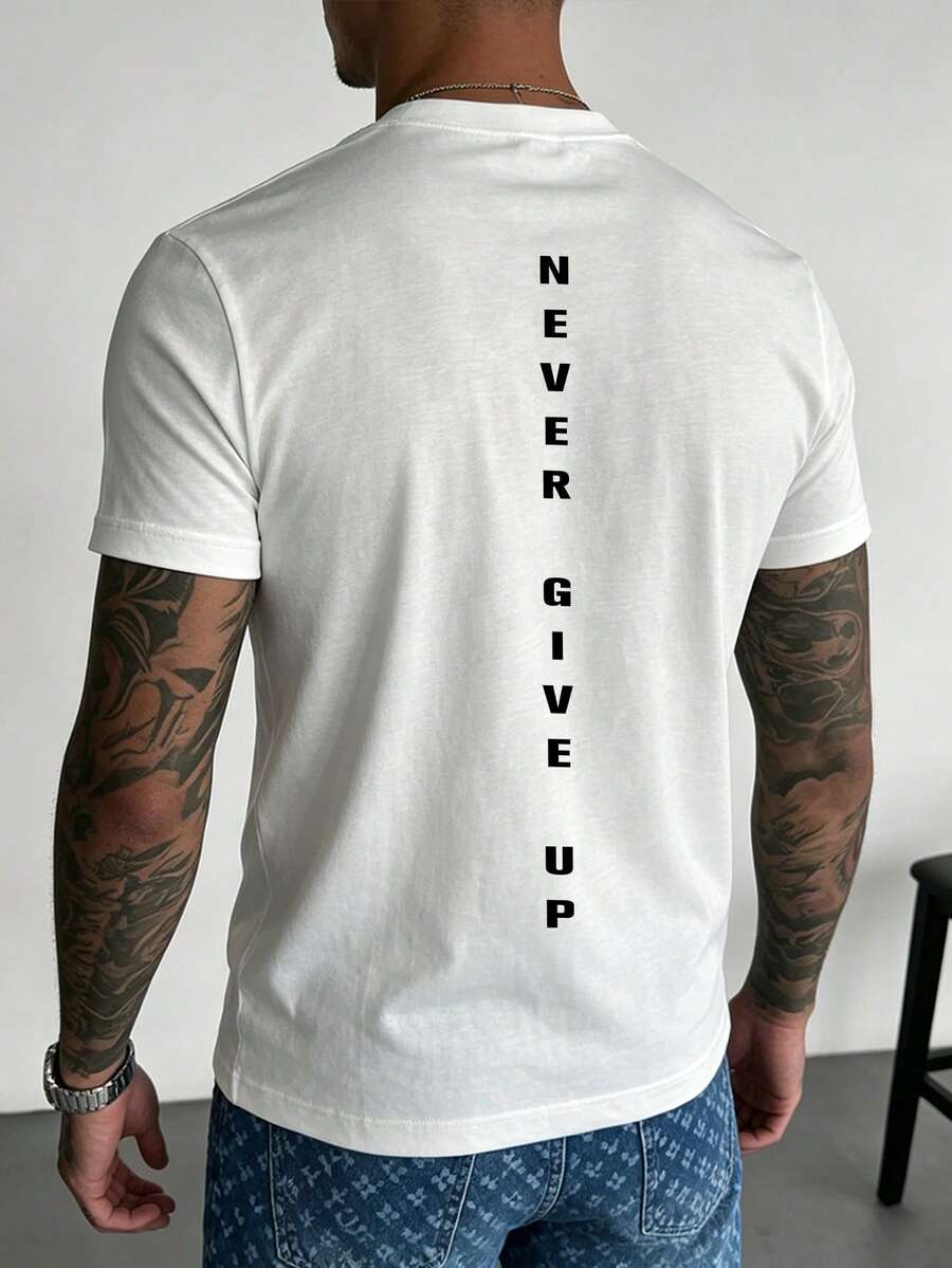 男士简约“永不放弃”图案印花圆领短袖T恤，夏季款 - 白色 - 查看 1