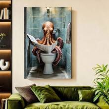 Con marco 1 Pintura Única en Lienzo - Pulpo Caprichoso leyendo el periódico en el baño Arte, Marco de Maciza para Decoración de Pared, Listo para Colgar Arte Humorístico para Baño, Sala de Estar y Decoración de Fiestas Navideñas, Decoración de Baño con Pulpos, Plano 2D, Perfecto para la Decoración del Cuarto - Enmarcado - Ver 2