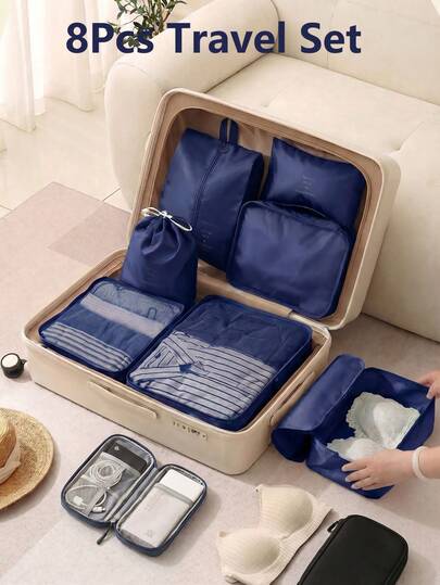 7 Set Packing Cubes& Travel Cable Organizer Pouch Set Various Sizes Latest Double-Sided Water-Resistant Packing Organizer For Travel Accessories Luggage Carry On Suitcase Durable Travel Essentials Bags Set Travel Cable Organizer Pouch Electronic Accessories Carry Case Portable Waterproof Double Layers All-In-One Storage Bag For Cord, Charger, Phone, Earphone Black