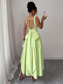 Glamful Spring/Summer Lightweight Elegant Date Solid Color Sweet Waist-Defining Back Bow Design Niche French Style Cami Dress - Green - View 8