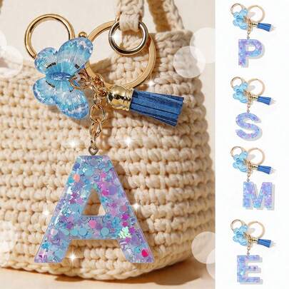 1pc Resin Letter Keychain, Thickened A-Z, Purple Heart Tassel & Glitter Sequins. For Handbags, Backpacks, Lunch Boxes & Car Keys. Gift For Mother's Day, Teacher's Day, Thanksgiving, Eid & Weddings.