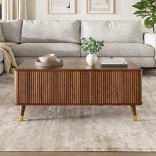 Modern Retro Coffee Table, Height-Adjustable Tabletop, Wave Structure, Walnut Look, Wooden Legs, Large Storage Space, Multifunctional Living Room Table - Walnut - View 2