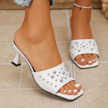 Women's Faux Pearl Studded Kitten Heel Mules, Square Toe Slip-On Sandals, White Party Stiletto Slide Sandals - White - View 13