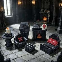 Dark Gothic Halloween Miniature Furniture Spooky Vampire Dollhouse Bedroom Kit Pumpkin Party Desktop Ornament Fairy Garden Decor - Black - View 2
