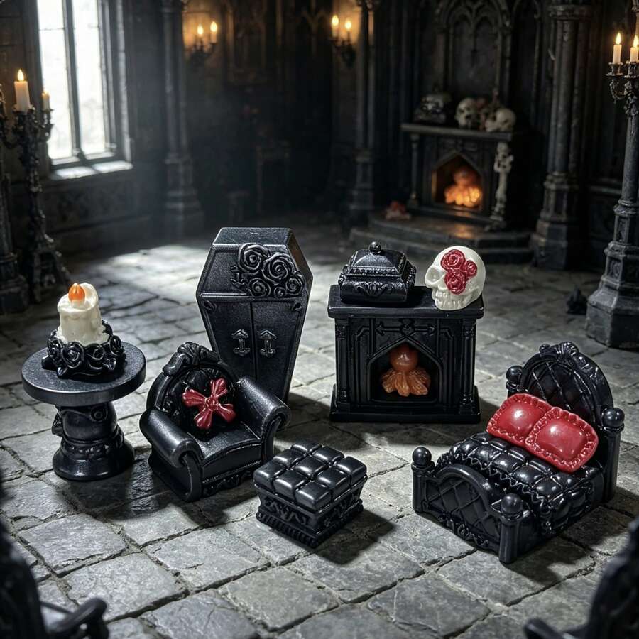 Dark Gothic Halloween Miniature Furniture Spooky Vampire Dollhouse Bedroom Kit Pumpkin Party Desktop Ornament Fairy Garden Decor