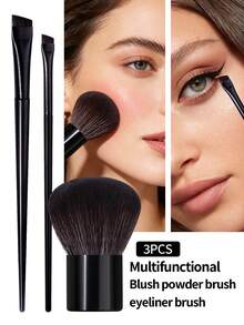 Bộ cọ trang điểm 3 trong 1 dành cho người mới bắt đầu: Cọ kẻ mắt vát, cọ kẻ lông mày vát và cọ đánh phấn phủ/má hồng cỡ lớn. Dễ sử dụng và mang theo, dụng cụ trang điểm thiết yếu. - màu đen - Xem 2
