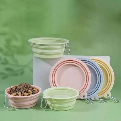 Foldable Macaron Color Pet Bowl, Suitable For Outdoor Travel, Camping, Walking, Can Be Used As Cat/Dog Water And Food Bowl, Odorless, With Carabiner, Can Also Be Used As Water Bottle Or Camping Bowl, Hanging Style Silicone Pet Feeder