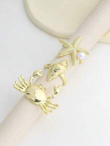 3pcs Crab, Starfish, Seashell Shaped Boho Vintage Style Rings, Classic Gold Color Rings For Women - Gold - View 6