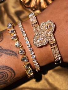 1/3pcs Stainless Steel 18K Gold Plated Heart Rhinestone Bangle Bracelet Set, Copper Inlaid Artificial Zirconia Open Cuff Bracelet, Fashionable Daily Wear & Gift For Women - Gold - View 8