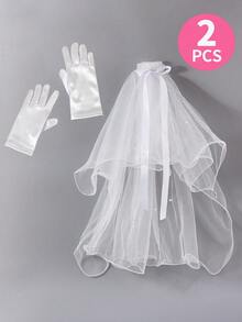 Bộ 2 món cho bé gái gồm khăn voan đính ngọc trai và găng tay satin, phụ kiện cô dâu trong đám cưới. - Khăn che mặt + găng tay - Xem 2