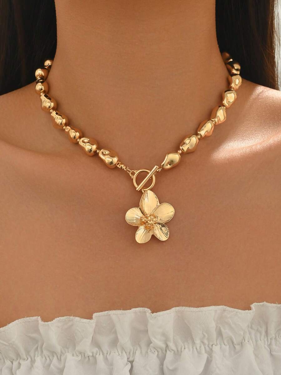 1件不对称CCB花朵项链，奢华金属质感，OT扣锁骨链，独特设计女士配饰，适合夏季日常、通勤、约会，优雅珠宝礼物，送给女友、闺蜜 - 金色 - 查看 1