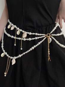 1 chiếc dây đeo eo hình vỏ sò lấy cảm hứng từ đại dương, kiểu dáng thanh lịch, nhiều lớp đính ngọc trai giả, phù hợp cho phụ nữ đeo hàng ngày, dự tiệc, lễ hội, làm quà tặng trang sức. - trắng - Xem 2