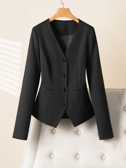 Blazer feminino de cor sólida, com botões, decote em V, corte slim, estilo casual e elegante. Ideal para o dia a dia, na cor preta, perfeito para primavera/outono.