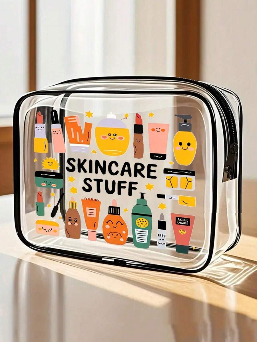 "Skincare Stuff" 字母印花 PVC 洗漱包,PVC 旅行收納袋附拉鍊開關,化妝包,便攜式化妝箱,適合母親、老師、朋友、護士,化妝袋,學校假期返校必備用品 - 彩色 - 查看 1