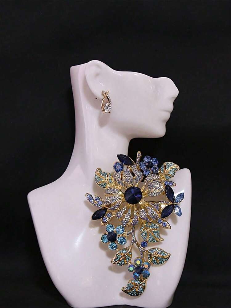 1pc Fully Rhinestone Flower Brooch, Fashionable Exaggerated Luxury Crystal Suit Lapel Pin Accessory For Women - Blue - View 1
