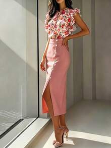 Conjunto de 2 piezas de blusa con estampado floral y falda de unicolor, adecuado para uso casual, oficina y viajes, elegante para el verano en color rosa - Rosa - Ver 5