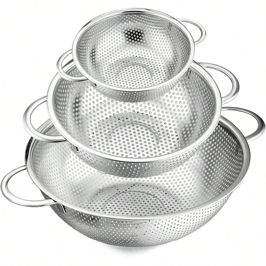 Bộ 3 rổ lọc đa năng bằng thép không gỉ - Rổ lưới dày dặn có tay cầm kép, dùng để lọc và rửa rau củ quả.