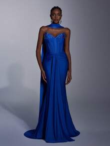 AOSHABABI 蓝色无肩带露背飘逸长裙，美人鱼廓形，胸前饰有水钻，腰部褶皱设计，后背系带，适合正式场合、音乐节、晚宴、婚礼、派对、毕业典礼、鸡尾酒会、约会、假期以及伴娘礼服派对。 - 藍色 - 查看 7