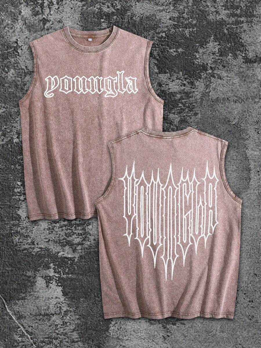 1PC Y2K Sleevelss Tops Men | Summer Men's Street Style Vintage Graphic Tee | Yla Gothic Font Design | Niche Fashion Men's Clothing Y2k Clothing | Unisex - Coffee Brown - View 1