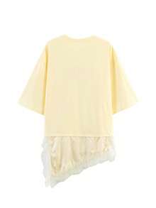 2026 Camiseta casual de verano para mujer con elegante encaje vintage y bajo asimétrico, moda de calle con cuello redondo y manga corta para primavera - Amarillo - Ver 7