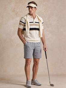 Courvante Men's Striped Pattern Casual Versatile Short Sleeve Knit Polo Shirt, Golf, Summer, Father's Day Gift - Apricot - View 2