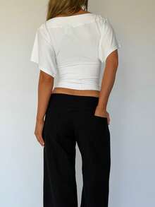 Women's Solid Color Boat Neck Batwing Sleeve Cinched Waist Crop Top Casual Slim Fit Ruched Short Sleeve Tee - trắng - Xem 3