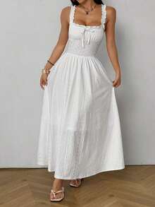 Stunning Boho White Straps Sleeveless Eyelet Long Maxi Sundress With Flared Hem - White - View 4