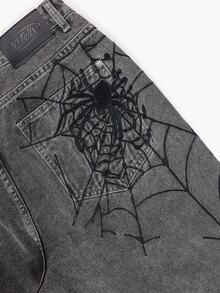 Fashion Street Hip-Hop Spider Web Embroidery Straight Loose Wide Leg Denim Jeans For Men, Back Pocket Embroidery Fake Pocket Design - Grey - View 6