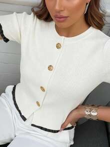 Women's Summer Button Ear Design Knit Top, Beige Elegant Casual Short Sleeve Knit Sweater, Suitable For Dates And Daily Wear - Black and White - View 6