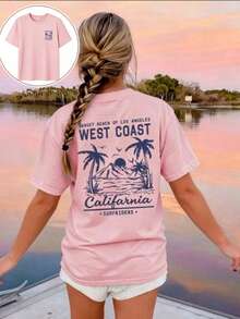 Summer Tops Mother's DayWomen's New Summer Casual Round Neck Short Sleeve T-Shirt, Simple Versatile Palm Tree Slogan Print, Suitable For Daily Wear. Graphic Tee, Women's T-Shirt Top Vacation.Loose And Comfortablesummer Clothes Easter - 粉色 - 查看 1