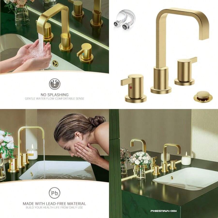 Phiestina WF040B-1-BG - llave de lavabo de baño con desagüe desplegable de metal y línea de suministro de agua color de 8 pulgadas 3 agujeros 2 asas cascada generalizada - Oro cepillado - Ver 1