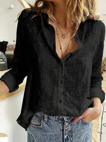 Camisa abotonada de color sólido, blusa elegante de manga larga con estampado floral y cuello, primavera - Negro - Ver 4