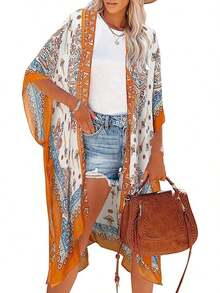 Women's Vacation Kimono Cover Up With Cashew Print & Batwing Sleeves Beach Summer - 橘色 - 查看 1
