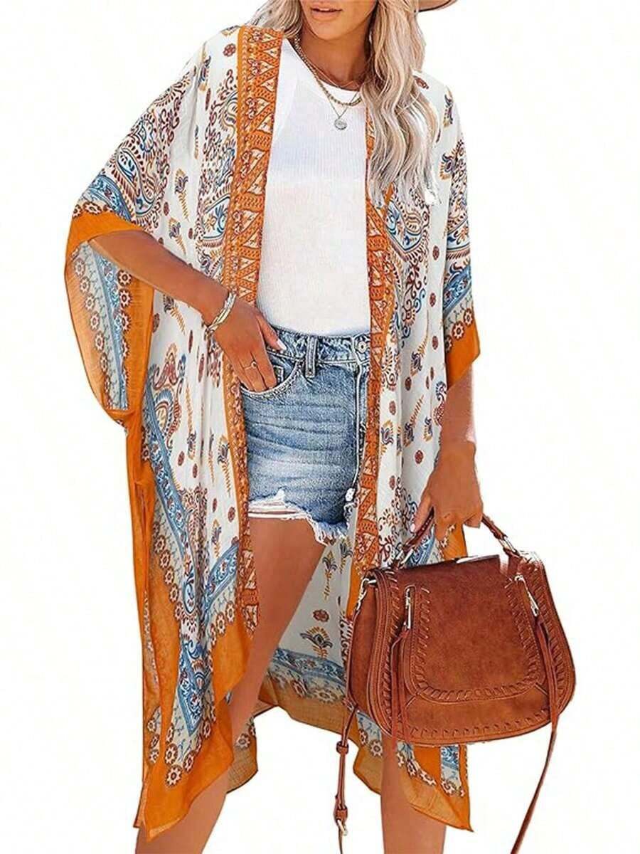 Women's Vacation Kimono Cover Up With Cashew Print & Batwing Sleeves Beach Summer - 橘色 - 查看 1