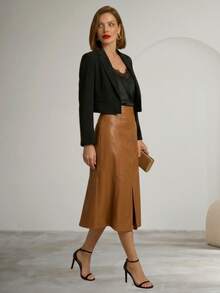 Women's Luxury High-Waisted A-Line Midi Skirt In Faux Leather - Camel - View 3